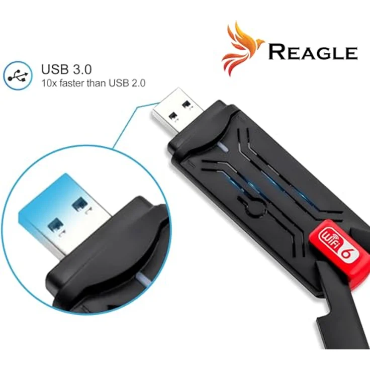 Reagle USB-A WiFi 6 Adapter AX1800 Mbps, Dual-Band 2,4GHz/5GHz, MU-MIMO Technologie, 2x 5dBi Antennen, Kompatibel mit Windows 7/8/10/11, Plug & Play, Schwarz – Bild 4