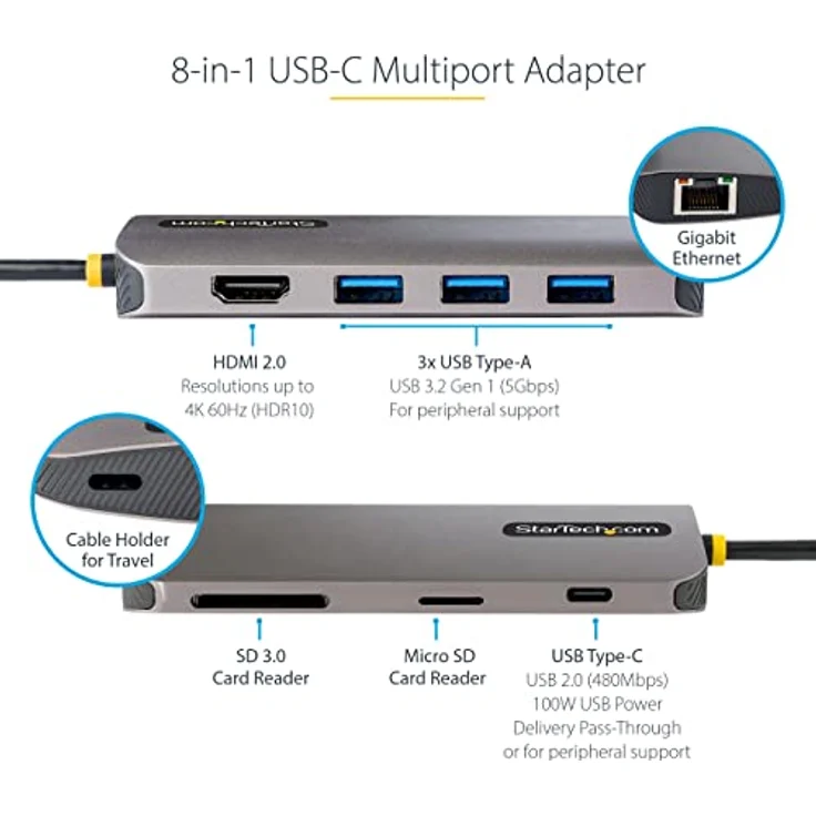 StarTech.com USB C Multiport Adapter, 4K 60Hz HDMI Anschluss, 5Gbit/s USB-A Hub, USB C auf HDMI, 100W PD, GbE, SD/MicroSD, 30cm Kabel, Reiseadapter, Thunderbolt 3 Dockingstation (115B-USBC-MULTIPORT) – Bild 4