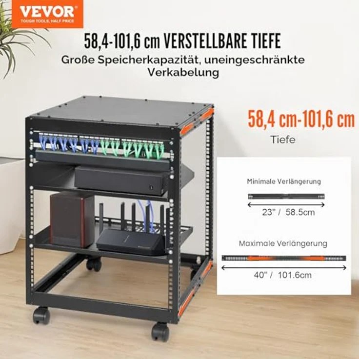 VEVOR 12U-Server-Rack, offenes Rahmen-AV-Rack mit 15-40" verstellbarer Tiefe, freistehend oder wandmontierbar, 4-Pfosten mit Rollen und 500 lbs Tragfähigkeit – Bild 2