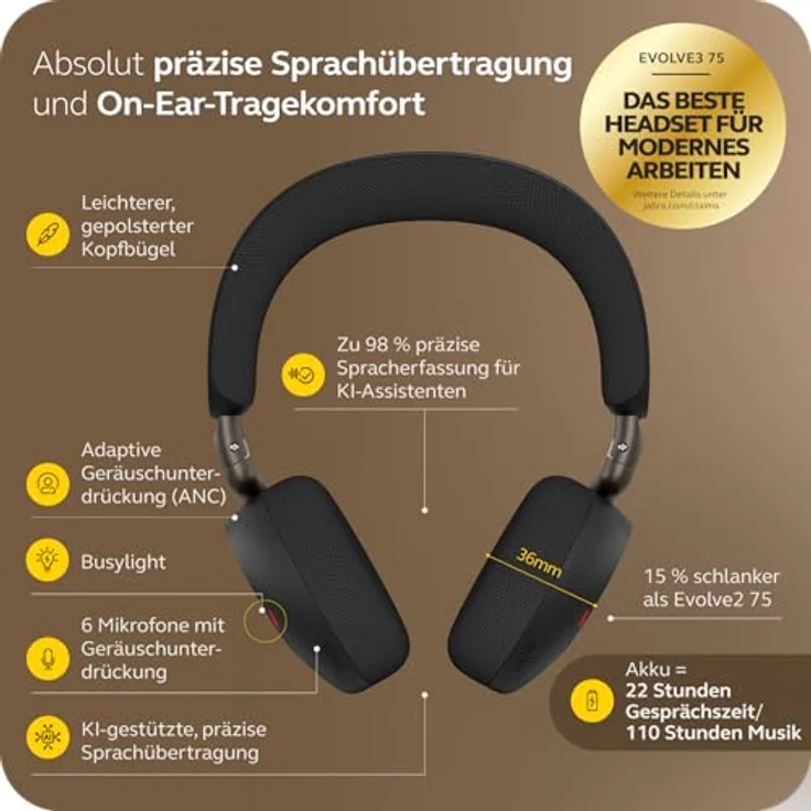 Jabra Evolve3 75, On-Ear Bluetooth Headset mit KI-Sprachanruf, erweiterter aktiver Geräuschunterdrückung, 22h Akku, MS Teams zertifiziert, Schwarz – Bild 2