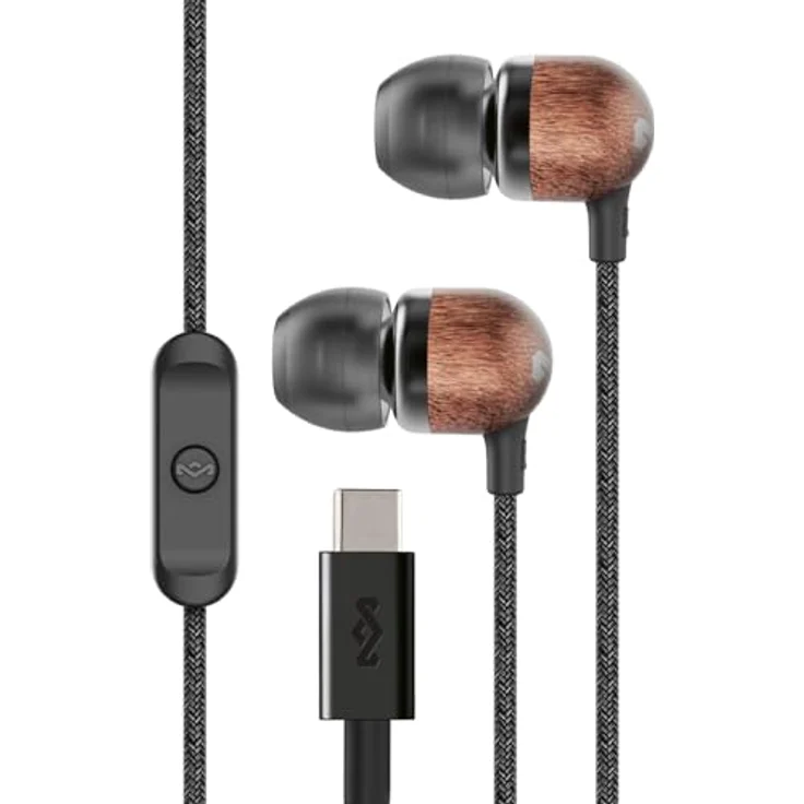 House of Marley Smile Jamaica In-Ear-Kopfhörer, USB-C, 9,2-mm-Treiber, integriertem Mikrofon, verwicklungsfreiem Kabel, schwarz – Bild 1