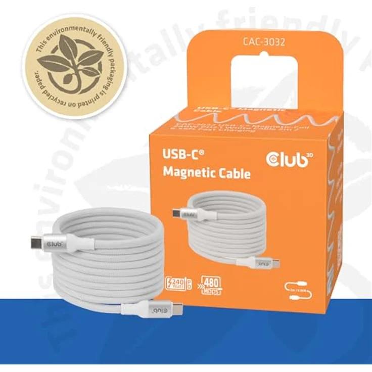 Club 3D CAC-3032 USB-C® Magnetspule, 240W PD3.1, 2m, weiß, selbstaufrollend, schnellladen – Bild 2