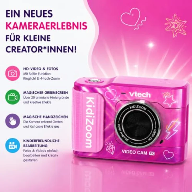 VTech KidiZoom Video Cam FX, HD Foto- und Videokamera mit Greenscreen und Selfie-Funktion, pink, 256 MB internem Speicher – Bild 2