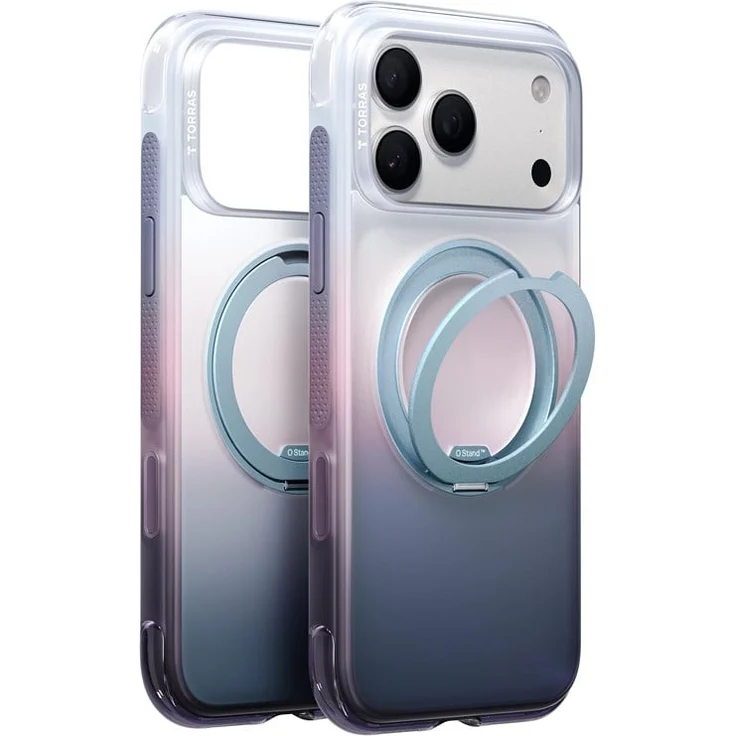 Torras O3 Air Gradient Schutzhülle für iPhone 18 Pro, lila/blau, mit MagSafe-Kompatibilität und verstellbarem Standfuß, militärtauglicher Fallschutz bis 4 m