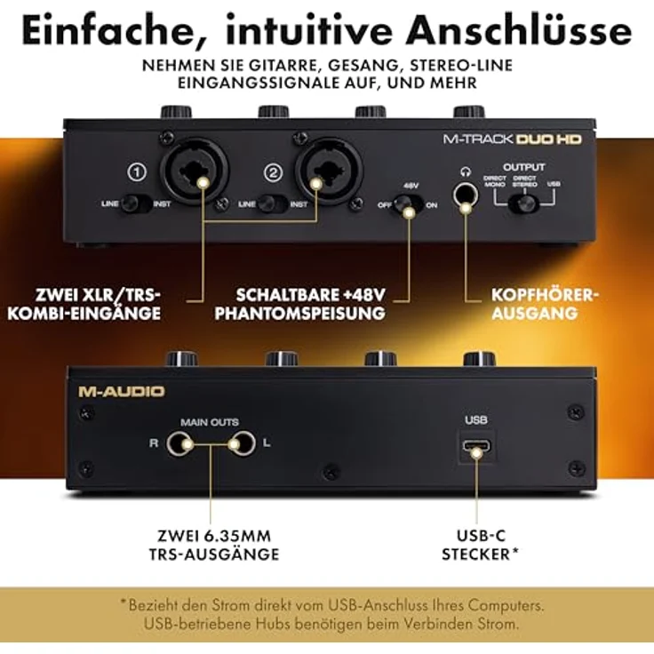 M-Audio M-Track Duo HD Producer Pack, 2-Kanal USB Audio Interface mit M100 Kondensatormikrofon und HDH41 Studio Monitoring Kopfhörern für Aufnahmen, 24-Bit/192kHz, schwarz – Bild 5