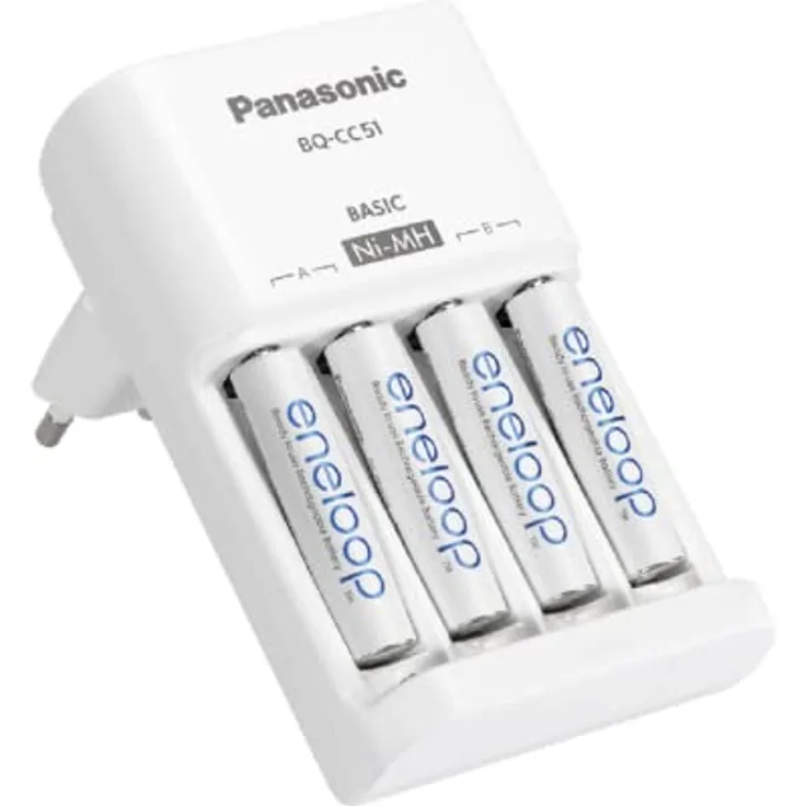 Panasonic eneloop Steckerladegerät BQ-CC51 Rundzellen-Ladegerät für 2/4 NI-MH Akkus AA/AAA Charger Basic + 4X AA 1900 mAh Akkus, 52051E40, Weiß