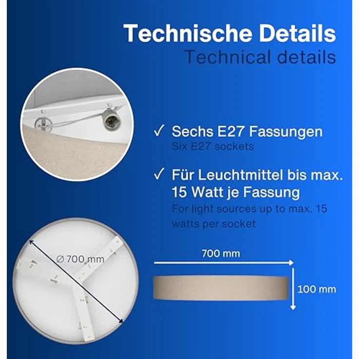 REV Deckenlampe - Deckenleuchte im Vintage-Look, taupe, rund 70cm mit Stoff-Lampenschirm, flexibel einsetzbar – Bild 5