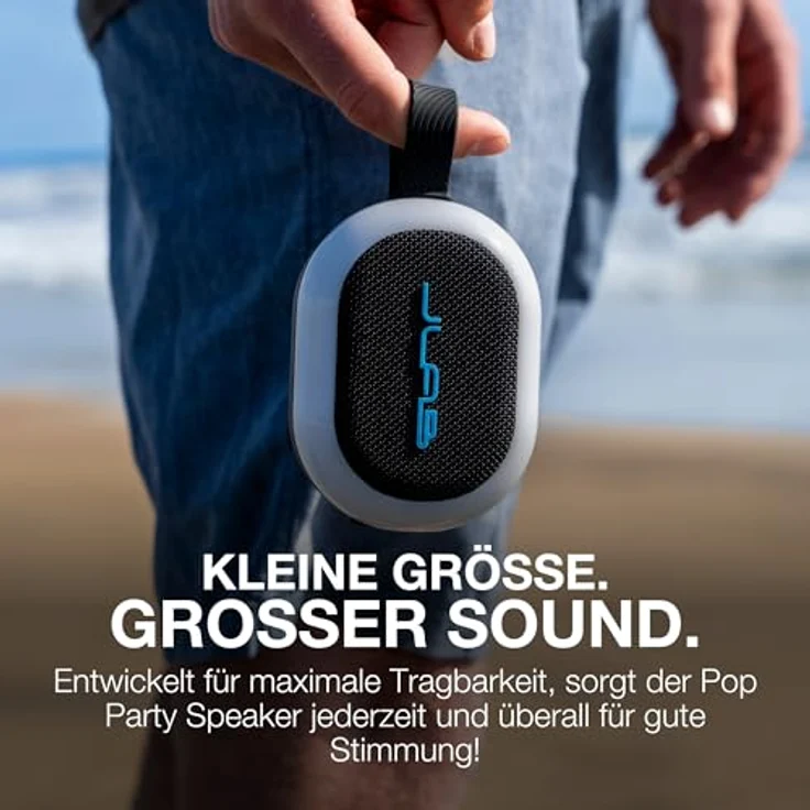 JLab Pop Party, tragbarer Bluetooth-Lautsprecher mit 8+ Std. Akku, 5W, RGB-Licht und IP55-wasserresistent, Schwarz – Bild 2