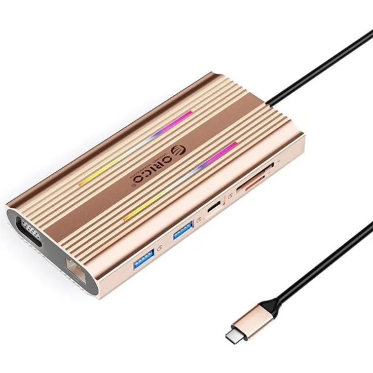 ORICO XDR 12in1 RGB USB-C Docking Station, 3x USB-A, 100W PD, HDMI 4K, VGA, Gigabit RJ45, SD/microSD Kartenleser - Rose Gold