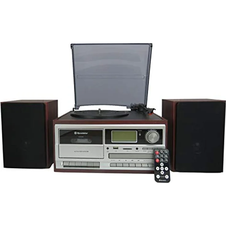 Roadstar HIF-8892EBT Mini-Hi-Fi-Musikanlage Plattenspieler 33/45/78 U/min, PLL FM Digitalradio, CD-MP3-Player, Kassette, Bluetooth, USB, Aufnahmefunktion, SD-Karte, Fernbedienung, Holz – Bild 2