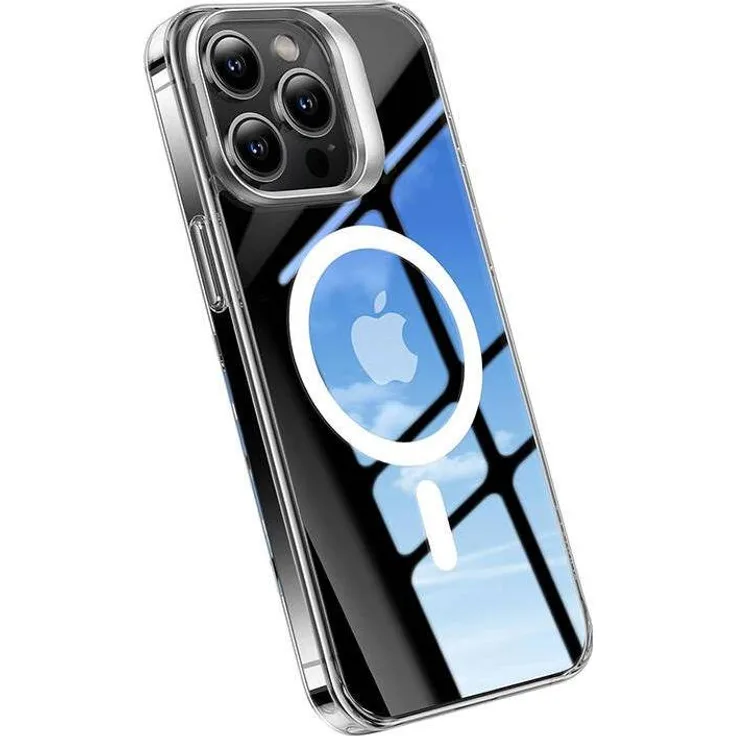 Torras UPRO Lstand Clear-Mag, transparente Handyhülle für iPhone 15 Pro mit ausklappbarem Griff und kabellosem Laden