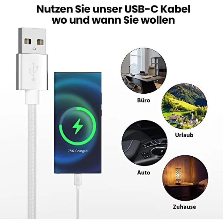 JAMEGA USB-C Kabel Nylon, Schnell Ladekabel 1m, Datenkabel für Samsung, Huawei, HTC und LG, 5 Gbps, Knickschutz, hohe Langlebigkeit – Bild 6