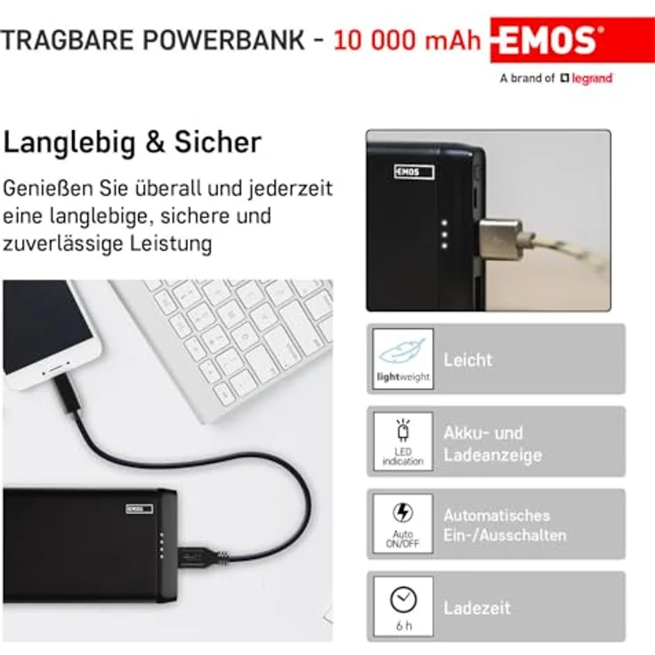 EMOS Alpha Slim Powerbank 10000mAh mit USB-C und Micro USB Kabel, Externer Akku-Ladegerät mit PASSthrough, Ausgang 2X USB, Eingang Micro USB, Auto ON-Off, für Handy, Tablet, iPhone, Galaxy, Huawei – Bild 4