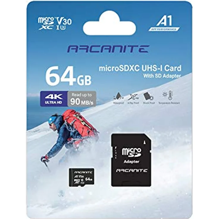 ARCANITE 64 GB microSDXC-Speicherkarte mit Adapter - UHS-I U3, A1, V30, 4K, C10, microSD, Lesegeschwindigkeiten von bis zu 90 MB-s. – Bild 5