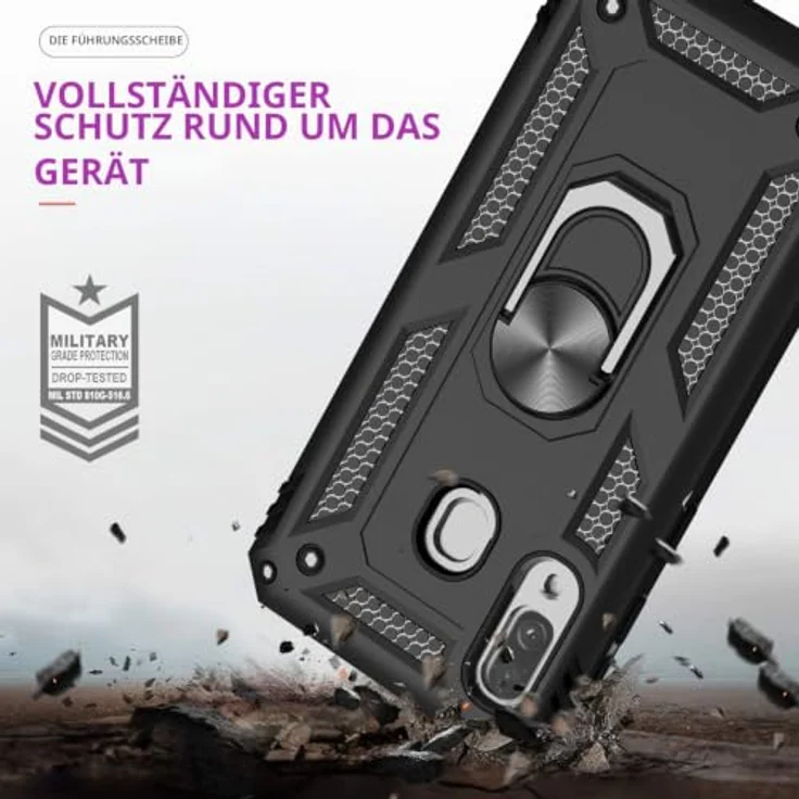 LeYi Schutzhülle für Samsung Galaxy A40, militärisch verstärkt mit doppelter Schicht, Stoßdämpfung, Ringhalterung, TPU/Silikon, Schwarz, 2 Stück Hartglas Displayschutzfolie – Bild 3
