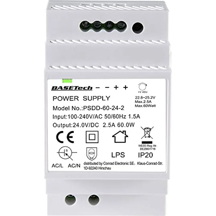 Basetech BT-2250321 Hutschienen-Netzteil 24 V, 2.5 A, 60 W, 2 Ausgänge, einfache Installation – Bild 2