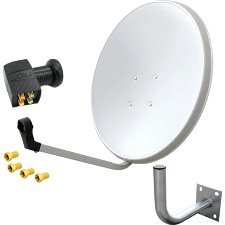 ARLI 60 cm HD Sat-Anlage Quad LNB Digital, leistungsstarke Satellitenantenne für 4 Teilnehmer, lichtgrau, inkl. Wandhalter und F-Steckern, UHD 4K – Bild 1