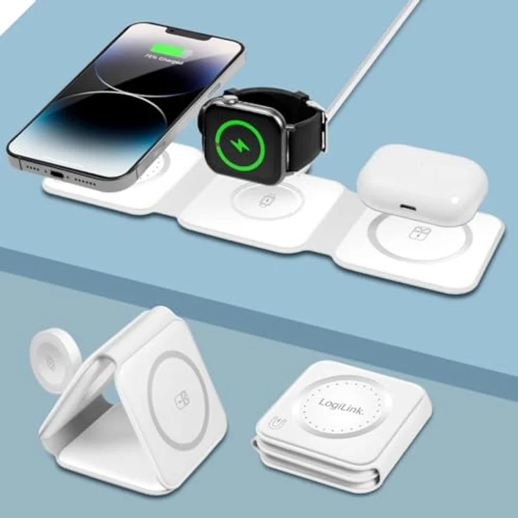 LogiLink PA0344 - Faltbare 3in1 Induktion Ladestation (kabellos) mit 15W, USB-C, für iPhone, Apple Watch und AirPods – Bild 3