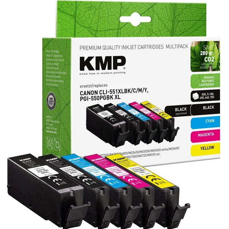 KMP Druckerpatrone 2x schwarz, cyan, magenta, gelb kompatibel zu Canon PGI-550 XL PGBK, CLI-551 XL