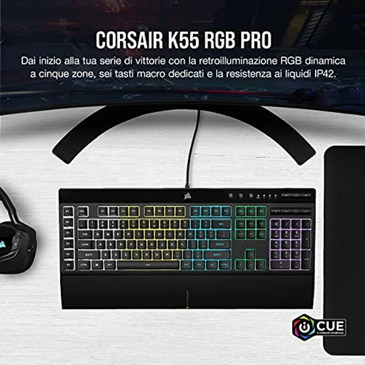 Corsair K55 RGB PRO, Gaming-Tastatur mit mechanischen Switches, RGB-Hintergrundbeleuchtung, integrierter Handgelenkauflage, USB QWERTY Italienisch, Schwarz – Bild 2