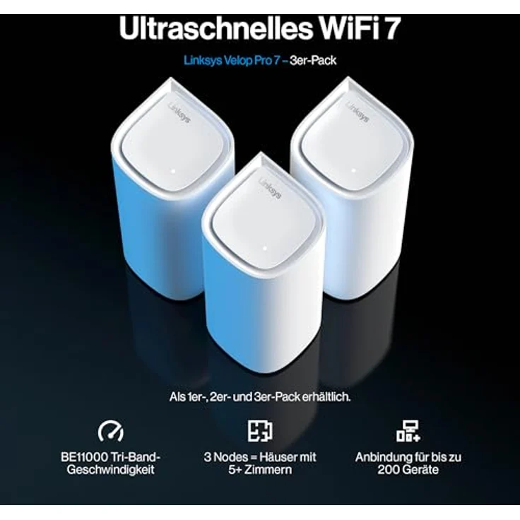 Linksys Velop Pro 7 Mesh WiFi 7 System MBE7003 – Tri-Band, mehr als 10 Gbit/s, bis zu 825 m² Abdeckung – 3er-Pack – Bild 2