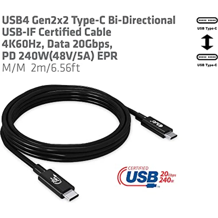 Club 3D USB4 Gen2x2 Typ-C Bi-Direktionales USB-IF Zertifiziertes Kabel 4K60Hz, Daten 20Gbps, PD 240W EPR St./St. 2m – Bild 4