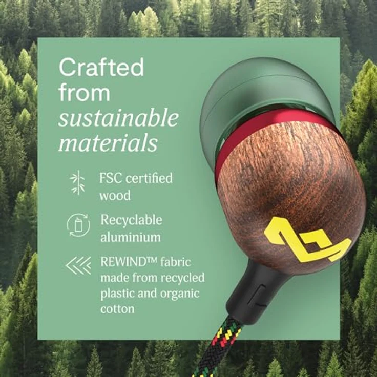 Marley House of Smile Jamaica, kabelgebundene USB-C In-Ear-Kopfhörer mit 9,2-mm-Treibern, verwicklungsfrei, integriertes Mikrofon, Rasta-Design, nachhaltig gefertigt – Bild 5