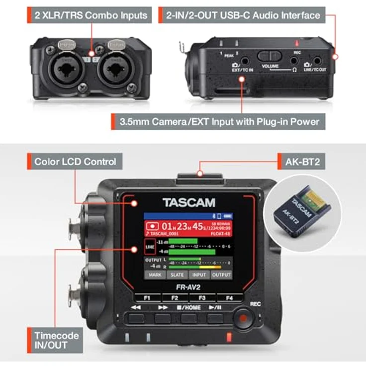 Tascam FR-AV2, 2-Kanal Feldrecorder mit 192 kHz Aufnahme, Bluetooth-Monitoring und XLR/TRS Eingängen – Bild 3