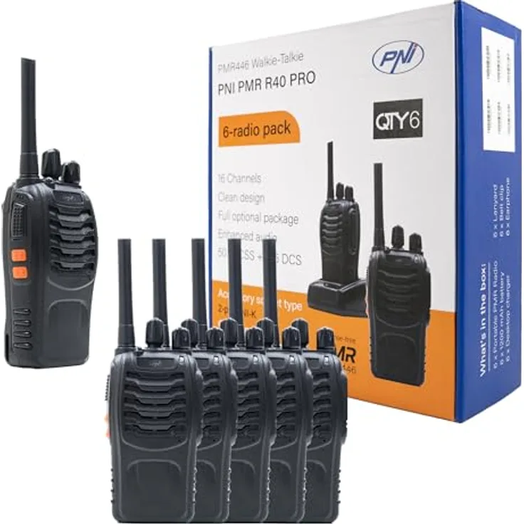 PNI PMR R40 PRO, Paket mit 6 tragbaren Funkgeräten, 8 PMR-Kanälen, inklusive Akkus, Ladegeräten und Kopfhörern