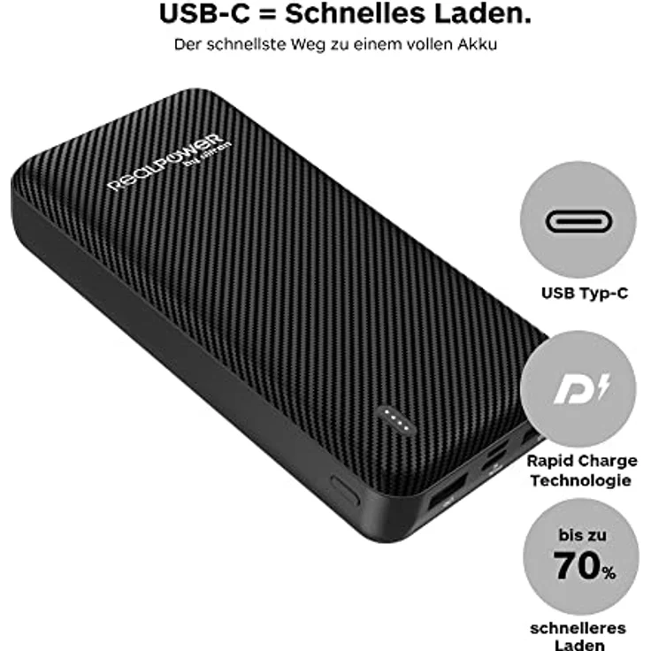 RealPower PB-20000 SE Powerbank, 20000mAh externer Akku Ladegerät mit 2 USB Ports, USB C EIN- Ausgang Kompatibel mit iPhone 14 13 12 Pro Max iPad Samsung S21 Xiaomi und mehr – Inkl. USB-C Ladekabel – Bild 3