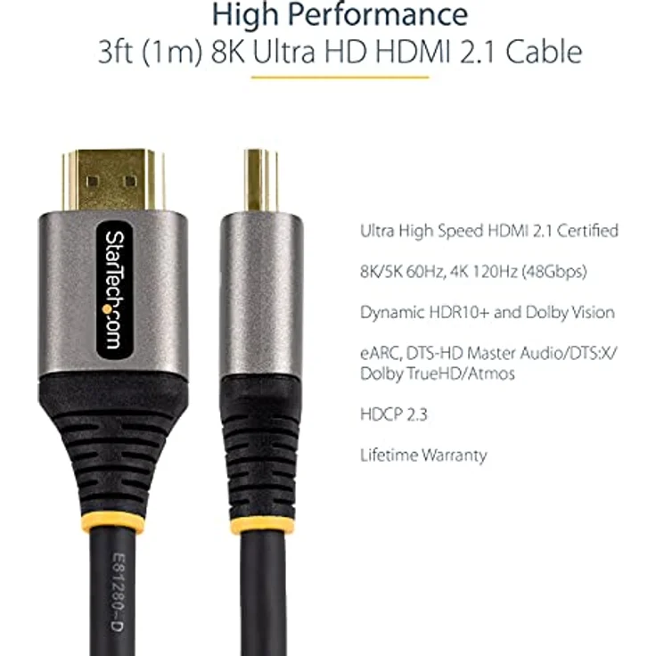 StarTech.com 1m HDMI 2.1 Kabel 8K - Zertifiziertes Ultra High Speed HDMI Kabel 48Gbit/s - 8K 60Hz/4K 120Hz HDR10+ eARC - UHD 8K HDMI Monitorkabel - Monitor/TV - Flexible TPE Ummantelung (HDMM21V1M) – Bild 3