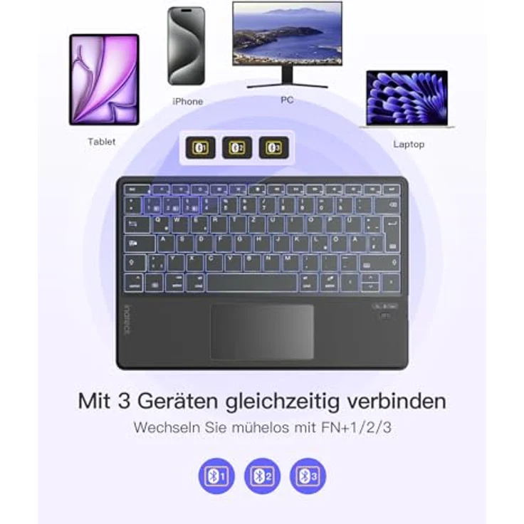 Inateck Tablet Tastatur mit Touchpad, KI-Funktion, 7-Farbiger Hintergrundbeleuchtung, QWERTZ, Ultra Slim für Windows, iPad OS, Android, iOS-Systeme, KB01104 – Bild 2