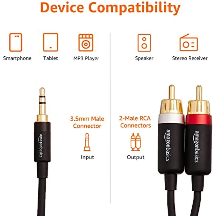 AmazonBasics PBH-19821 Cinch-Audiokabel, 3,5-mm-Klinkenstecker auf 2 x Cinch-Stecker, 1,22 m – Bild 3