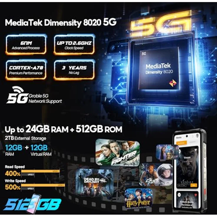 Ulefone Armor 26 Ultra 5G Outdoor Handy, 512GB+24GB 15600mAh/120W Dimensity 8020 200MP+50MP Kamera 6,78” 120Hz 121dB IP68 Rugged Smartphone Android 13 Dual SIM Fingerabdruck ID/NFC 2 Jahr Garantie – Bild 2