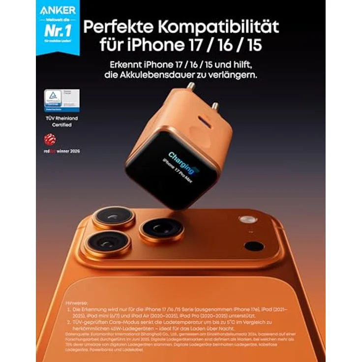 Anker Nano 45W USB C Ladegerät, smartes GaN Schnellladegerät mit Display und Schonmodus für iPhone 17/16/15 Serie, iPad, MacBook – Bild 2