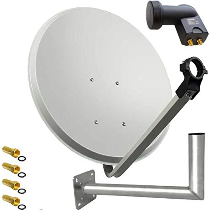 PremiumX PXS45, Satellitenantenne 45 cm Hellgrau mit Twin LNB, pulverbeschichtet, inkl. Wandhalterung und 4 F-Steckern – Bild 1