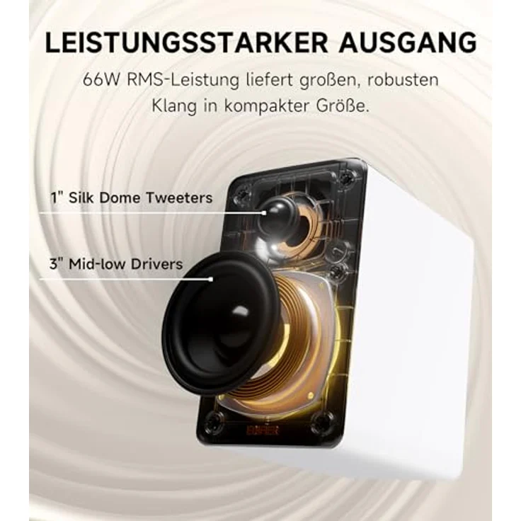 Edifier M60 Multimedia-Lautsprecher Bluetooth 5.3, 66W RMS, Hi-Res Audio & Hi-Res Wireless Audio, LDAC, 3" Mittelbass & 1" Hochtöner, USB-C & Aux-Eingänge, Kompakter Desktop Lautsprecher - Weiß – Bild 3