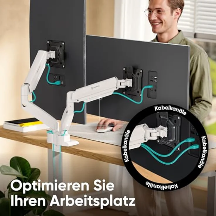 ONKRON G160-BW Monitor-Halterung für 2 Monitore 13-32 Zoll, neigbar, schwenkbar, drehbar, Gasdruckfeder, Kabelmanagement, Weiß – Bild 5