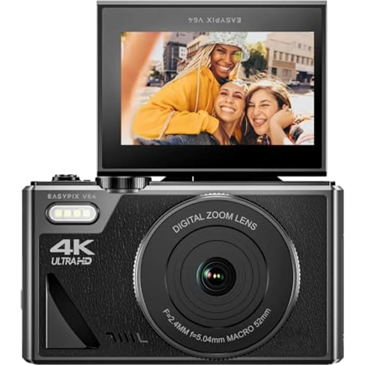 Easypix V64 Flip, Digitalkamera mit Flip-Screen, 64 MP Auflösung, 18x Digitalzoom, WiFi, 3.0" Aufklappbares Display, Schwarz – Bild 3