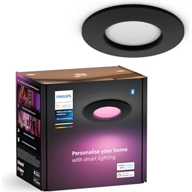 Philips Hue Smart Slim Einbauleuchte, 90mm, Bluetooth kompatibel, Sprachsteuerung mit Alexa, Apple Home & Google Assistant, schwarz – Bild 1