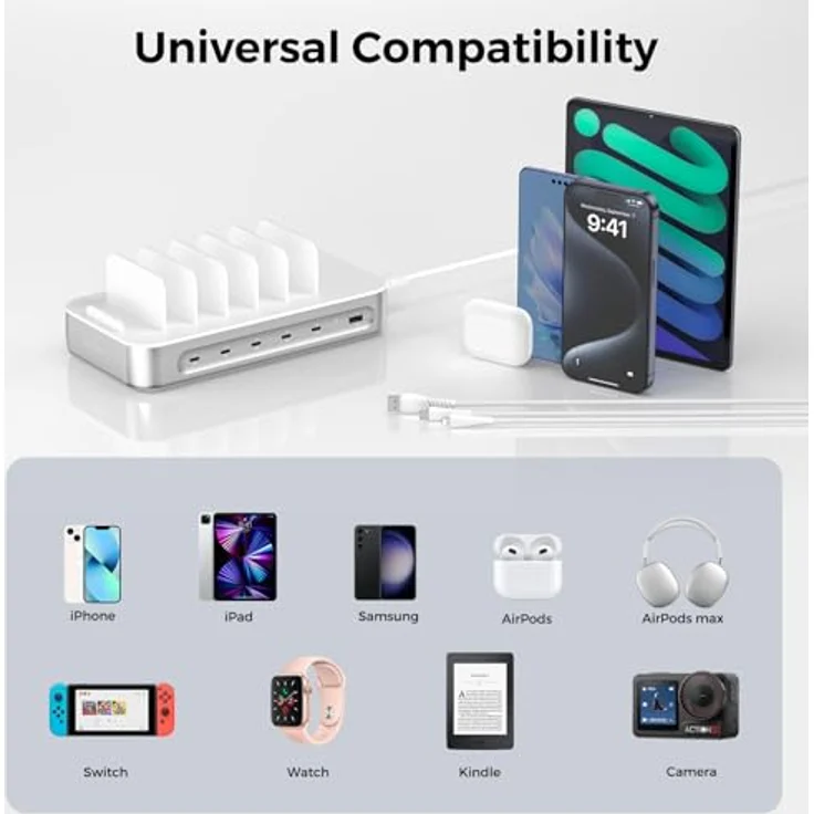 4smarts Ladestation Team 100W 5C/1A, Ladegerät für bis zu 9 Geräte, inkl. 5 USB-C-Kabel und 4in1-Kabel, Schnellladung, Silber – Bild 4