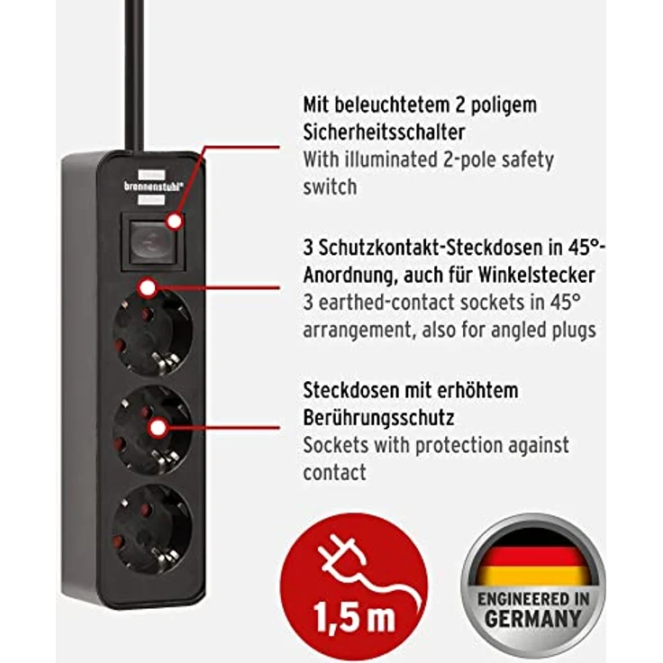 Brennenstuhl Ecolor Steckdosenleiste 3-fach (Steckerleiste mit Schalter und 1,5m Kabel) schwarz – Bild 2
