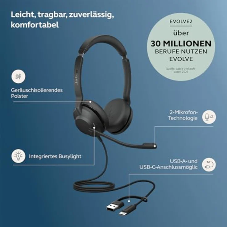 Jabra Evolve2 30 SE, Kabelgebundenes On Ear Headset mit Mikrofon-Rauschunterdrückung, Noise Cancelling, Schwarz, USB-A und USB-C – Bild 2