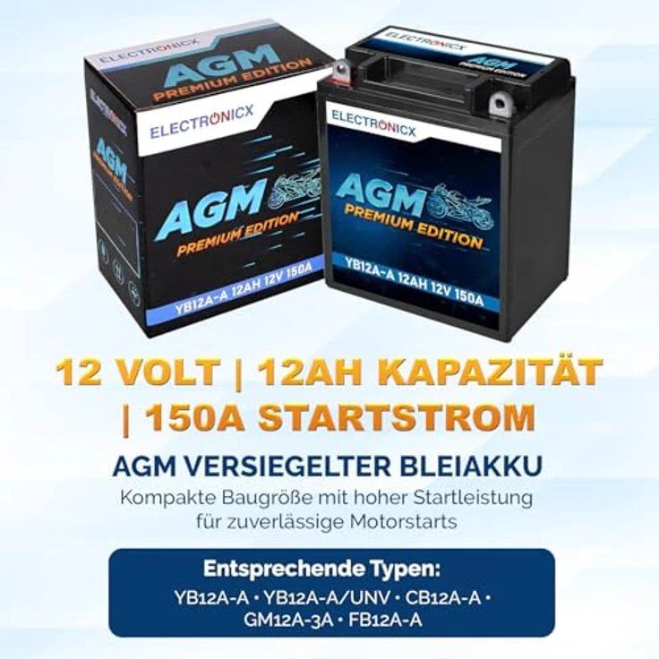 Electronicx AGM Motorradbatterie YB12A-A, 12Ah 12V, wartungsfrei, auslaufsicher, vibrationsfest für Motorrad, Roller, Quad, Jetski – Bild 5