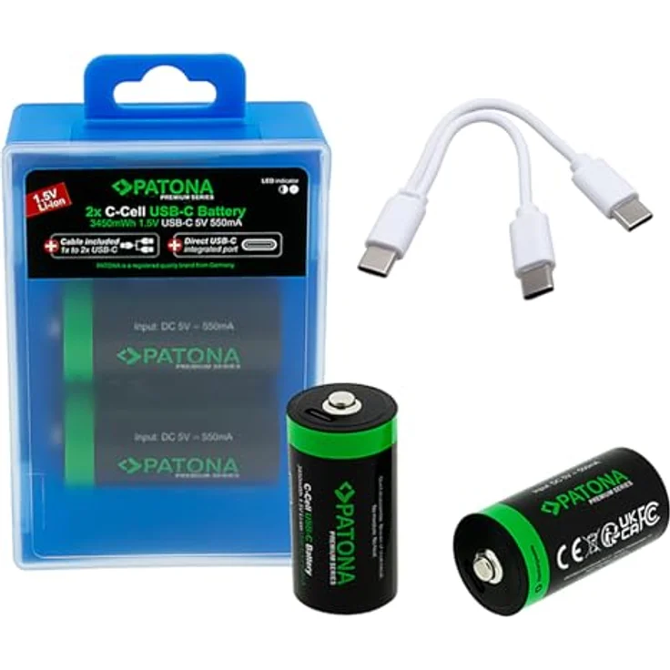 PATONA LR14 Baby C Akkus USB-C (2er Pack), 1.5V / 3.45 Wh / 2300 mAh, Aufladbar über USB-C, mit USB-C Ladekabel - 1411 – Bild 1