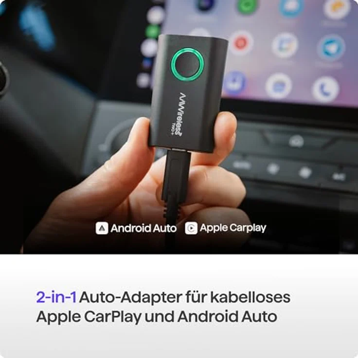 AAWireless Two+ 2-in-1 Adapter für Android Auto & Apple Carplay, kabellose Bluetooth- und WiFi-Verbindung, geeignet für iOS 10+ & Android 11+, ultrakompakt, Made in Europe – Bild 2