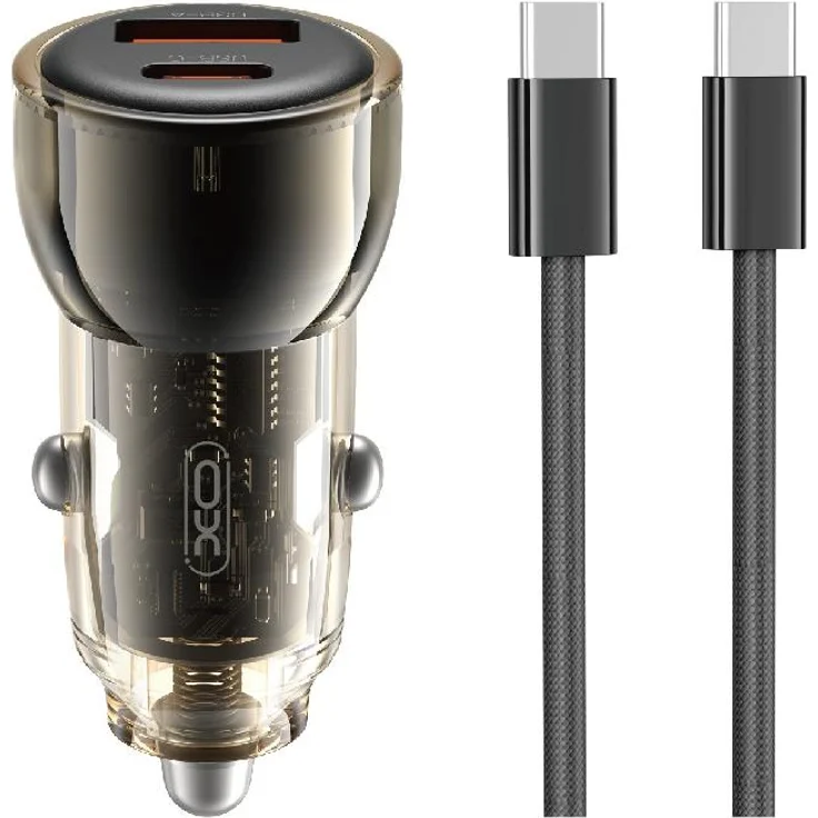 XO Autoladeadapter CC60, 60W Schnellladegerät mit 1x USB-A und 1x USB-C, schwarz + USB-C auf USB-C Kabel