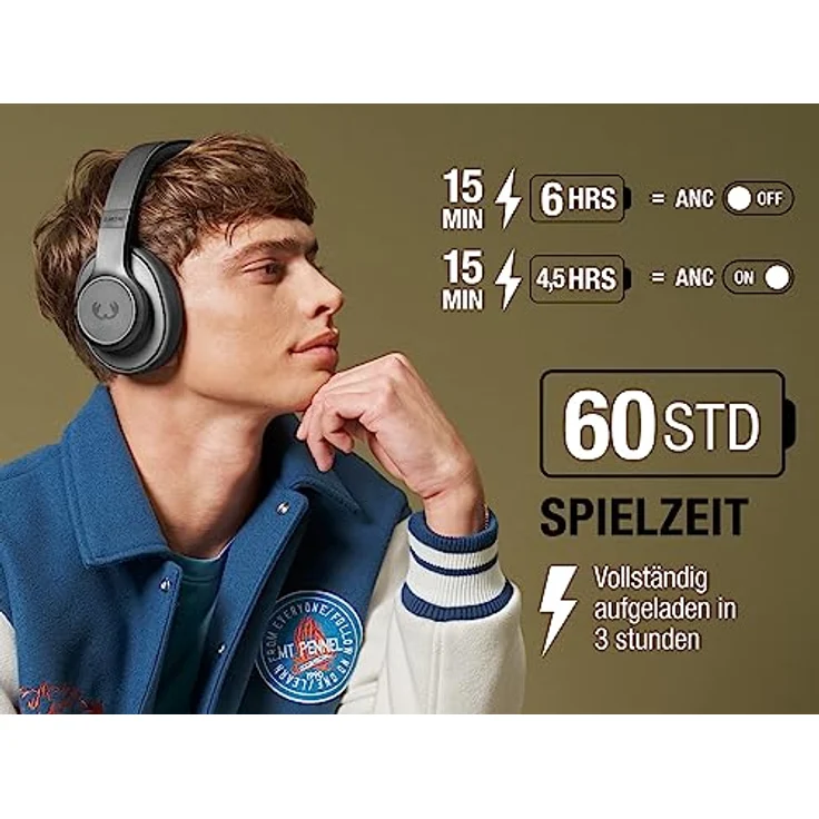 Fresh 'n Rebel Clam 2 ANC, kabellose Noise Cancelling-Kopfhörer Over-Ear, 60 Stunden Wiedergabezeit, mit Mikrofon, faltbar, Schnellladefunktion, Audioeingang, Vegane Leder Ohrmuscheln (Storm Grey) – Bild 2