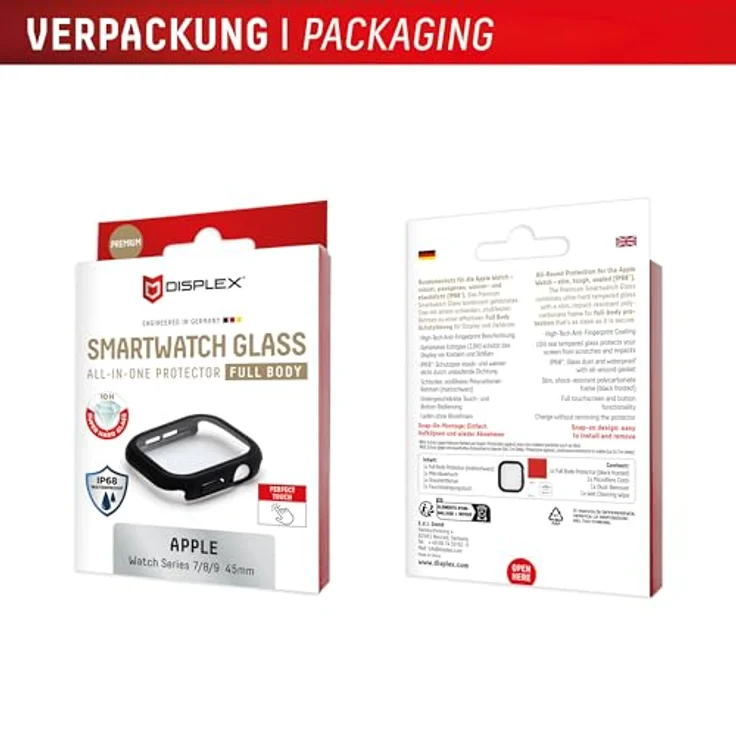 Displex 10H Panzerglas für Apple Watch 9/8/7 (45mm), Full Body Schutz, IP68 Wasserdicht, matt-schwarz, Snap-On Montage, Premium Rundum Displayschutz – Bild 5