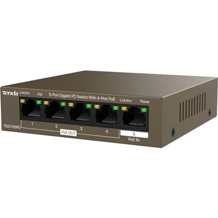 Tenda TEG1105PD, Gigabit Ethernet Switch (10/100/1000) mit 5 Ports und Power over Ethernet, Braun